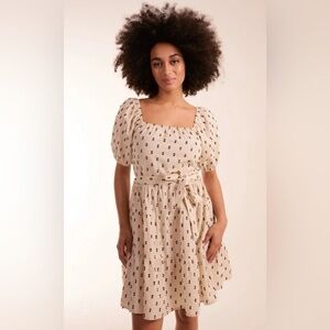 Sim & Sam Milkmaid Dobby Spot Midi Dress | Cream | Size Large